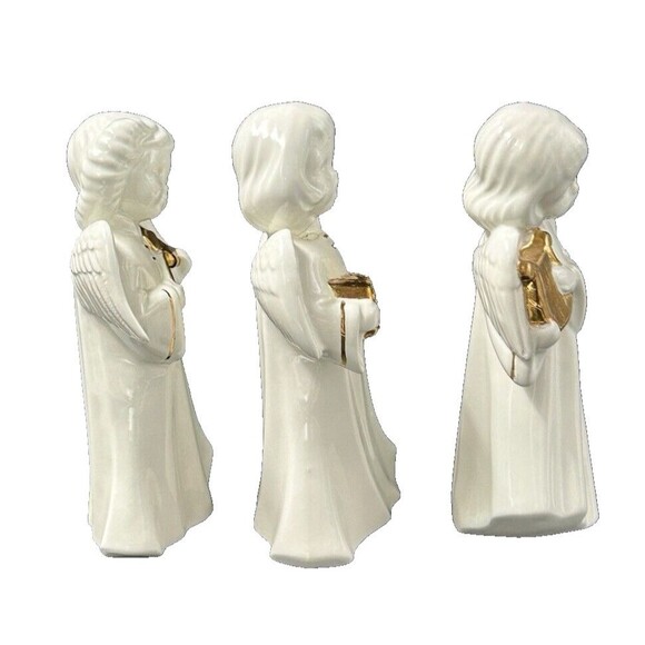 White and Gold Ceramic Angels Playing Musical Instruments Set of 3 Angels - Picture 2 of 11